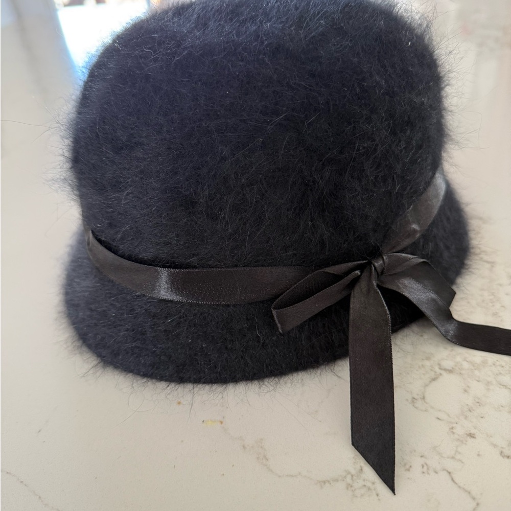 Black Angora Cloche Hat with Ribbon